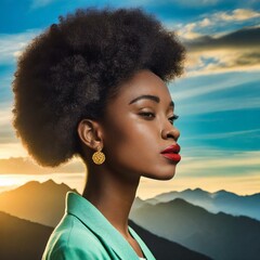 black woman with a deep gaze and afro pop art style