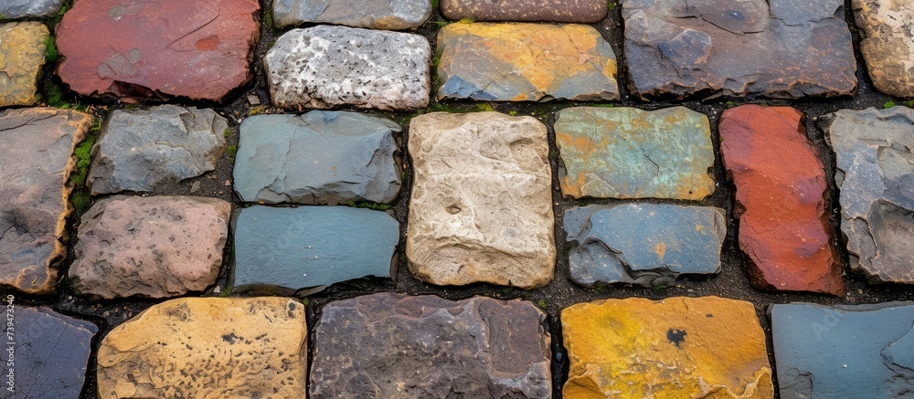 Poster A closeup image of a symmetrical pattern of colorful bricks on a sidewalk, showcasing the beauty of this composite building material