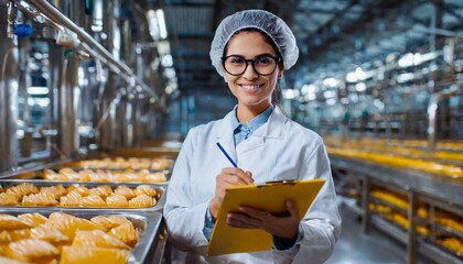 Positive female technologist holding checklist inside the food processing factory. Industrial food