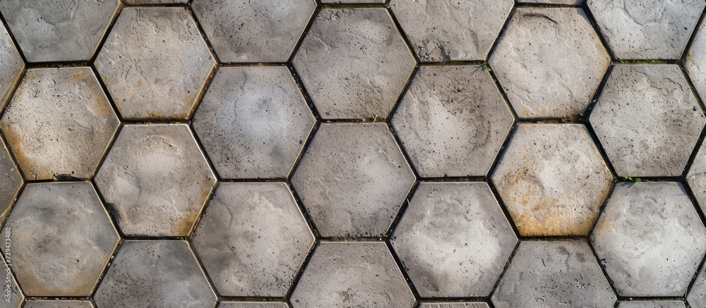 Poster a detailed shot of a grey concrete flooring with a honeycomb pattern, showcasing the symmetry and co