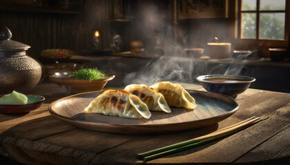 a traditional Asian festival snack, with a steaming, plump dumpling resting on a rustic wooden table. The dumpling's aroma fills the air, tempting taste buds with its savory delights. - obrazy, fototapety, plakaty