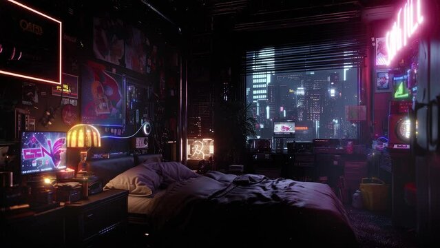 A modern and comfortable space with a bed, technology, and a dazzling city view. The contrast of warm indoor lighting and cool city lights creates a captivating effect. Seamless loop animation render