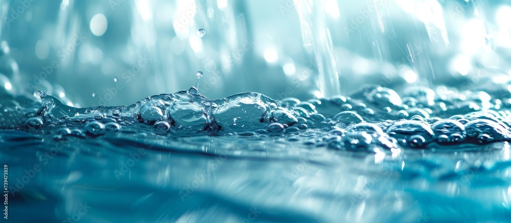 Poster macro close-up of beautiful water droplets on a shiny surface with reflections