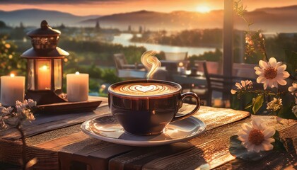  In a romantic evening setting, a cup of delicious and aromatic coffee sits gracefully on the table, emanating warmth and comfort. The scene is bathed in the soft glow of candlelight, creating a cozy 