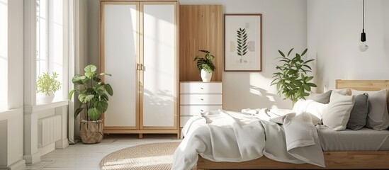 Interior design of white and wooden bedroom with wardrobe and poster in wall background.AI generated