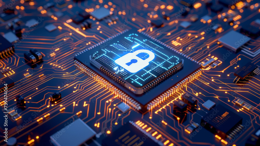 Poster a close-up of a motherboard featuring a security chip with a lock symbol, surrounded by circuits and