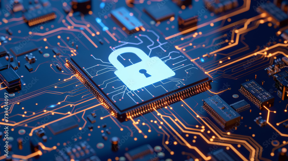 Poster a close-up of a motherboard featuring a security chip with a lock symbol, surrounded by circuits and