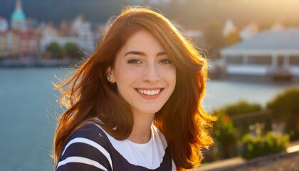 portrait of a beautiful young red-haired woman, her candid laughter radiating joy and a sense of vitality 