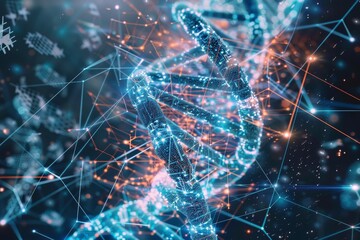 A futuristic scene with a human-like figure made of glowing lines and particles.