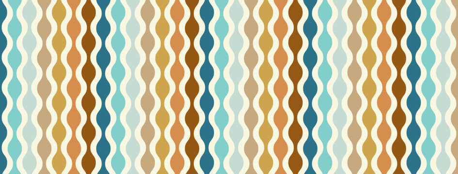 Retro mid century modern background pattern, abstract circle striped design, old vintage colors, mid-century hippie beads hanging, vintage 50s or 60s geometric vector art, blue green orange gold brown