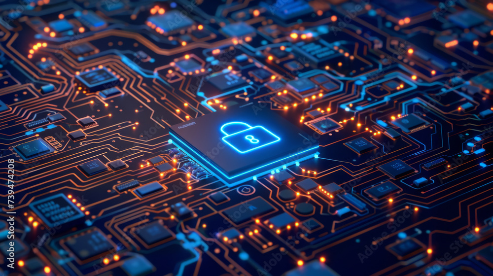 Poster a close-up of a motherboard featuring a security chip with a lock symbol, surrounded by circuits and
