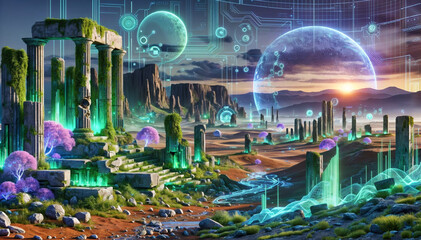 Ancient Ruins Meet Futuristic Technology: A Sci-Fi Landscape