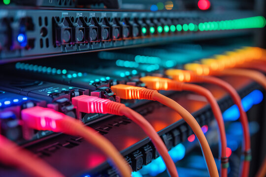 Close-up of colorful network cables connected to a switch