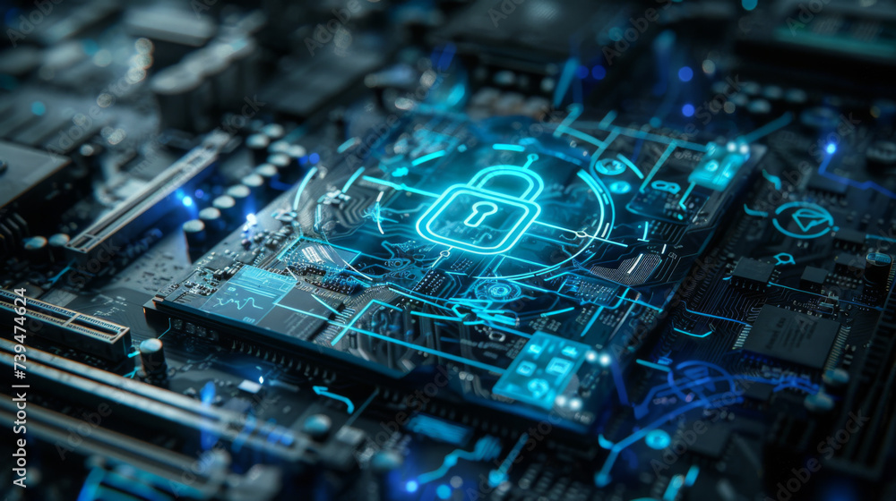 Poster a close-up of a motherboard featuring a security chip with a lock symbol, surrounded by circuits and