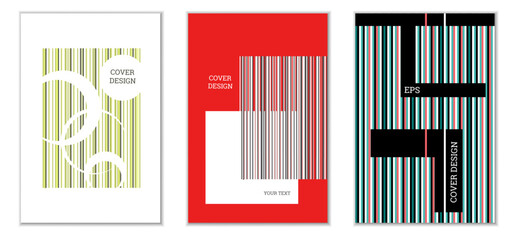 Geometric cover design, set of 3 covers. Abstract unusual background in Memphis style. Bright geometric shapes in random order