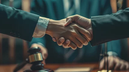 Fotobehang Agreement between the parties to the dispute. Conflict resolution in court. Both sides of a legal dispute shake hands as a sign of compromise. © Andrii Yalanskyi