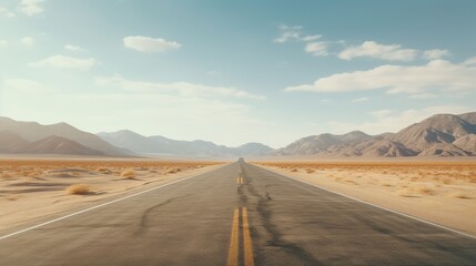 Empty asphalt road in the desert. Long straight asphalt road leading to the desert - obrazy, fototapety, plakaty