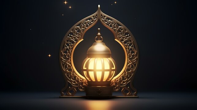Ramadan Kareem greeting card. Golden lantern on black background. 3D rendering