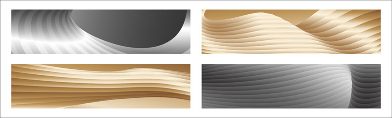 Wavy silver and gold parallel gradient lines, ribbons, silk. Set of 4 backgrounds. Black and white with shades of gray or golden silk. Banner, poster. eps vector