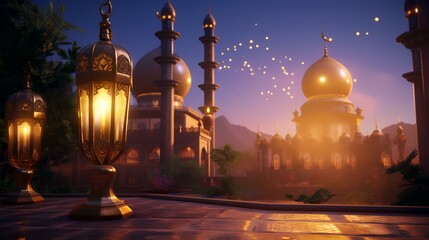 Ramadan Kareem's background with mosque and golden lanterns. 3d rendering