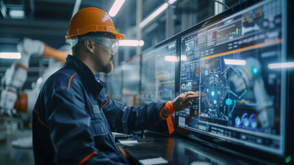 An engineer in a high-tech manufacturing setting is programming or operating advanced automated machinery using a digital interface.