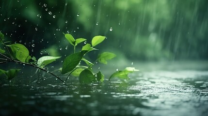 Green leaves above the water surface in drizzle. Light summer rain Water drops