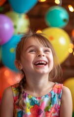 Fototapeta na wymiar Portrait of a happy cute girl in a colorful dress on the background of balloons.