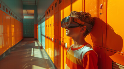 Portrait of a young, charming schoolboy with a VR headset on his head while standing in the school hallway with colorful lockers, education with modern technologies.