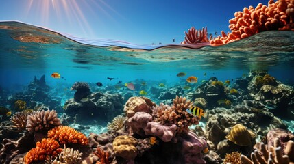 The diverse marine life and vibrant colors of a bustling coral reef ecosystem underwater
