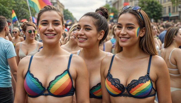 group of lesbian wearing rainbow color bra in pride day parade