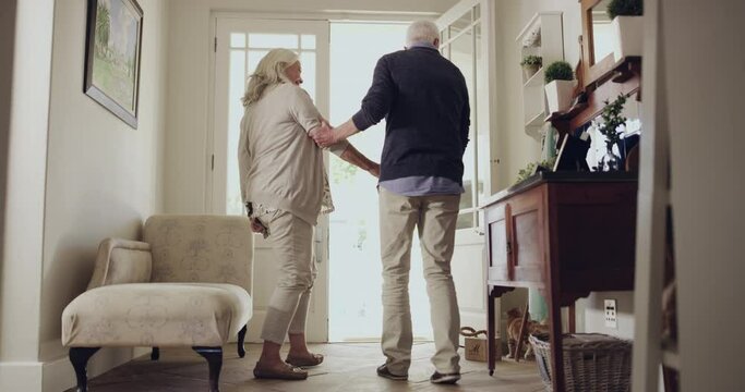 Senior couple, door and leaving home for walk, together and getting ready for outdoor activity. Elderly people, bonding and person with disability in marriage, cane and enjoying retirement or back