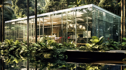 An extraordinary glass house nestled in a lush forest, enveloped by exotic flora, showcasing innovative architectural design blending seamlessly with nature's beauty.