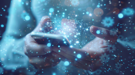 A person's hands holding a smartphone with a holographic digital lock and network connectivity icons surrounding it, depicting data security and digital encryption.
