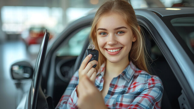 Keys in hands. Beautiful woman is indoors with the modern car.vehicle purchase concept