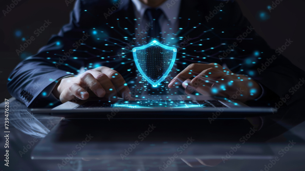 Poster a person in a suit is typing on a laptop with a glowing digital shield symbolizing cybersecurity hov