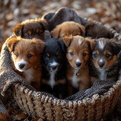 An adorable group of puppies, each with expressive eyes, cuddled together in a cozy basket, representing warmth and companionship. 