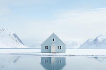 traditional norwegian wooden house to stand at the lakeside and mountains in the distance.