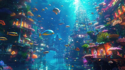 An underwater city with bioluminescent coral, schools of colorful fish, and ancient ruins, all...