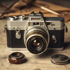 Retro Vibes: Old Film Camera and Photography Essentials on a Wooden Table in Vintage Style Setting