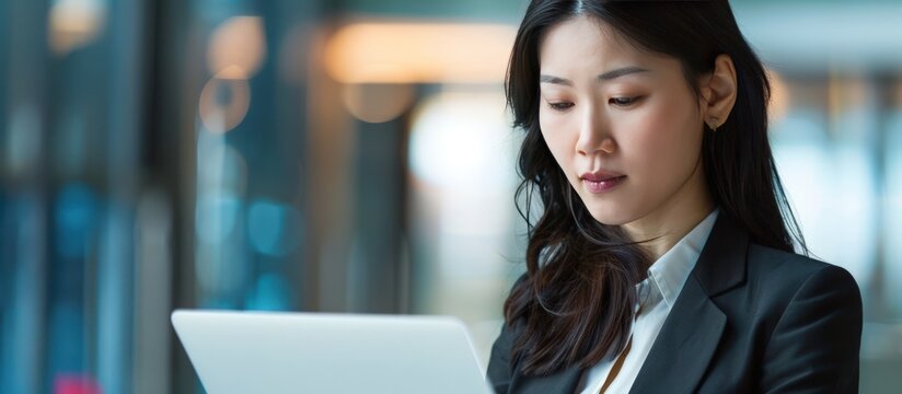 Portrait beautiful asian businesswoman work with opening a laptop in office. AI generated image