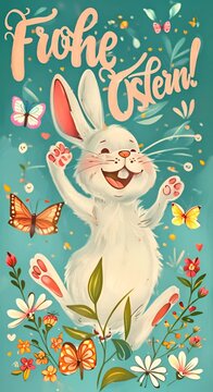 Fr&ouml;hliche Osterfeier mit Zeichentrick-Hase und Fr&uuml;hlingsblumen und Schmetterlingen, Schriftzug "Frohe Ostern!", Oster Karte, Gru&szlig;karte