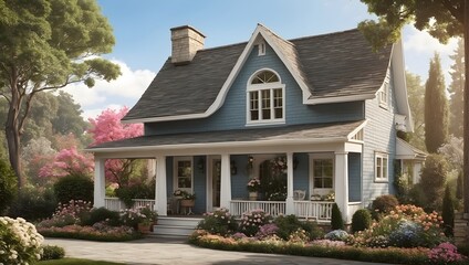 A cozy cottage with shingled facade, dormer windows, and flower-filled porch. generative AI