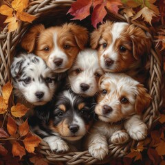 An adorable group of puppies, each with expressive eyes, cuddled together in a cozy basket, representing warmth and companionship. 