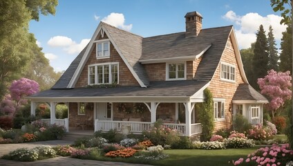 A cozy cottage with shingled facade, dormer windows, and flower-filled porch. generative AI