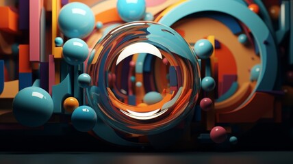 Vibrant 3D Abstract Arrangement of Spheres and Loops with a Playful Geometric Design