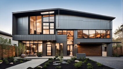 An industrial-style home with metal siding, oversized windows, and a sculptural courtyard. generative AI