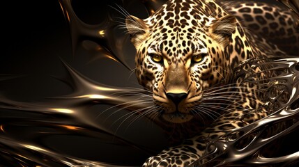 Majestic Leopard with Piercing Gaze Emerging from Liquid Gold - obrazy, fototapety, plakaty