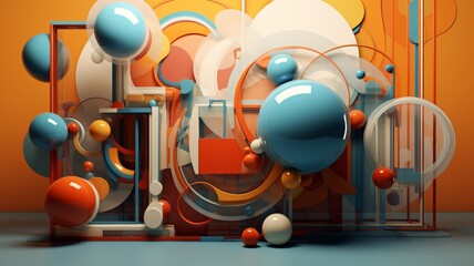 Modern Abstract 3D Composition with Spheres and Geometric Structures in Warm Tones