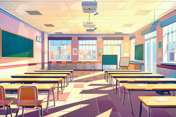 Fototapeta na wymiar Classroom interior with empty desks and chairs. Illustration 
