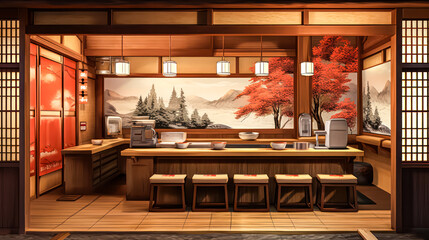 An elegant Asian restaurant featuring a sleek bar counter, exuding sophistication and offering a delightful dining experience with its fusion of flavors and ambiance.